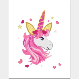 Magical unicorn with pink and red shining heart Posters and Art